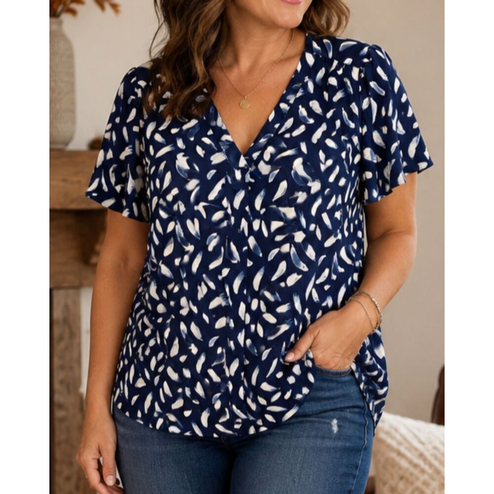 Hilary Radley XL Navy Blue White Abstract Print V Neck Flutter Sleeve Blouse